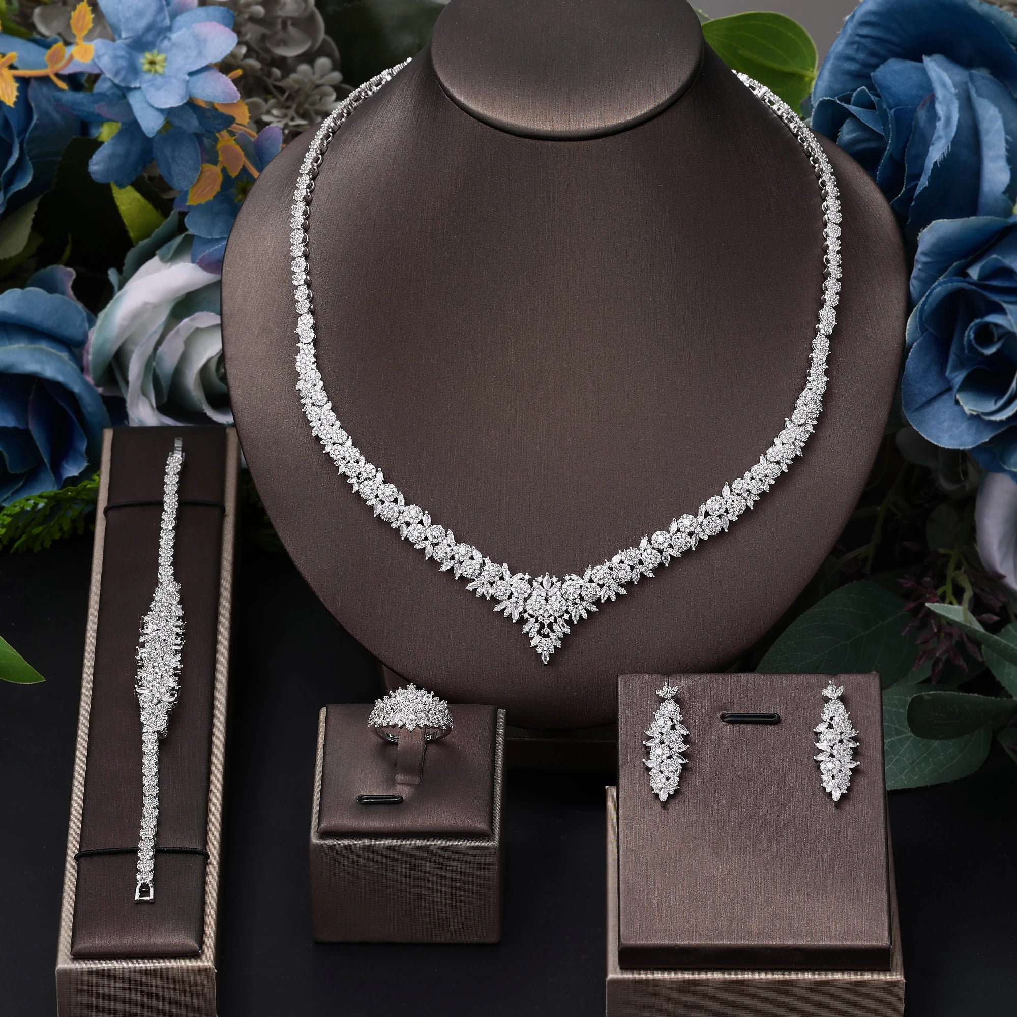 2024 Hot selling 4-piece Bride Wedding Jewelry Set with Cubic Zirconia Dubai Luxury Jewelry Set